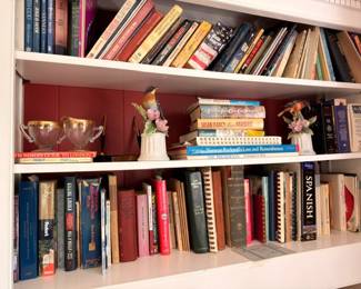 Bookcase Shelves Norman Rockwell Books Porcelain Figurines Silver Plate Creamer Sugar Vintage Book Collection
