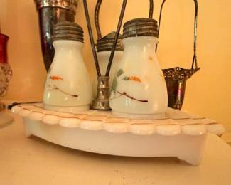 Milk Glass Dresser Tray Salt Pepper Shakers Hand Painted Floral Design Vintage Vanity Set