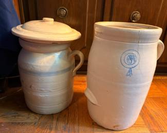 Antique Stoneware Crocks 4 Gallon Blue Makers Mark Cobalt Blue Stripe Lid Handles White Pottery Vintage Farmhouse Storage