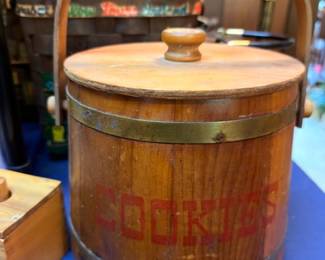 Antique Wood Firkin Cookie Bucket Brass Bands Bail Handle Lid Lettered Cookies Vintage Farmhouse Primitive Storage