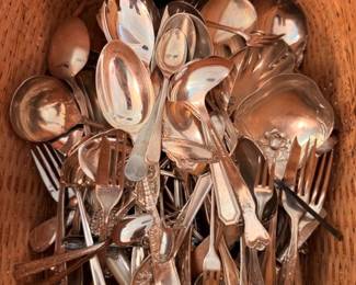 Silver Plate Flatware Lot Basket Spoons Forks Serving Utensils Vintage Silverplate Silverware