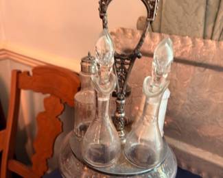 Victorian Silver Plate Cruet Set Glass Bottles Crystal Stoppers Condiment Stand Antique