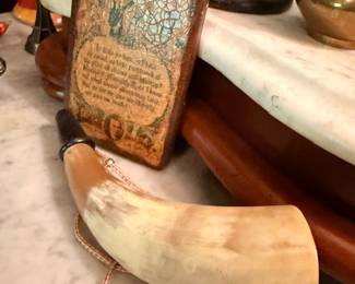 Antique Powder Horn Braided Cord Strap Vintage Decoupage Wood Block Plaque Prayer Text Marble Top Table Primitive Americana Collectible