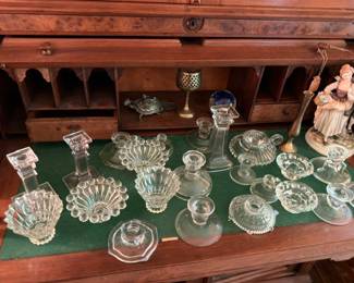 Clear Pressed Glass Collection Candlesticks Bowls Dishes Compotes Antique Desk Secretary Porcelain Figurine Vintage Glassware Estate Lot