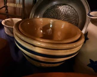 Yellowware Banded Mixing Bowls Stacked Brown Stripe Stoneware Antique Farmhouse Kitchen Pottery Vintage Nesting Set