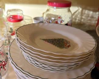 Christmas China Plates Stack Green Trim Holiday Pattern Dinner Plates Glass Jars Red Lids Holiday Tableware Entertaining Collectible