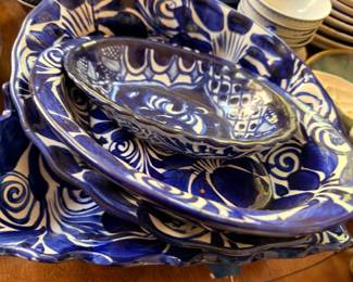 Mexican Talavera Blue White Pottery Bowls Plates Hand Painted Floral Design Serving Dishes Collectible Set