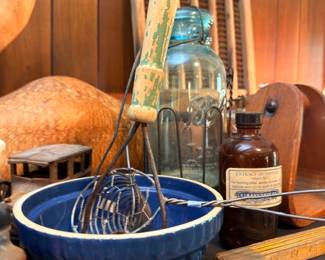 Blue Enamelware Bowl Wire Egg Basket Glass Bottles Amber Brown Vintage Farmhouse Kitchen Primitive Country Collectibles