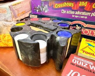 Vintage Poker Chip Caddy Set Coleco Quiz Wiz Computer Game Crossbows Catapults Monopoly Board Games Lot Retro Games Collectible