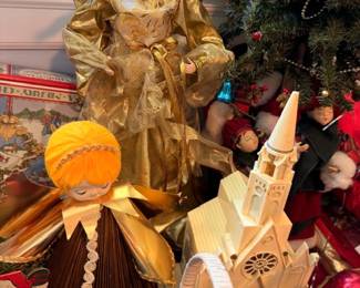 Gold Angel Christmas Tree Topper Ceramic Church Village Building Holiday Decorations Under Tree Display Collectible