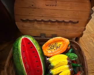 Ceramic Fruit Vegetable Collection Wood Picnic Basket Watermelon Corn Peppers Vintage Kitchen Decor Country Display Collectible