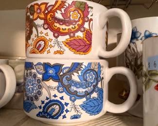 Ceramic Coffee Mugs Paisley Floral Pattern Blue Orange Stoneware Cups Vintage Kitchen Drinkware