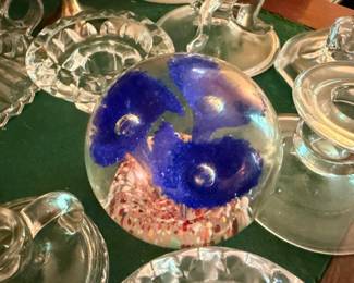Cobalt Blue Art Glass Paperweight Swirl Design Clear Pressed Glass Dishes Bowls Vintage Glassware Collection Estate Lot Collectible