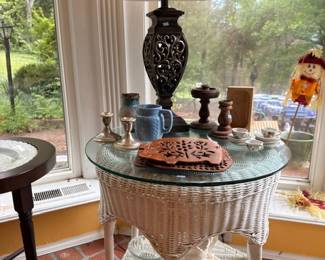 White Wicker Table Glass Top Black Gold Lamp Wood Candlesticks Blue Pottery Carved Tray Vintage Decor