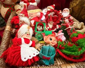 Vintage Christmas Figurines Basket Lot Santa Mrs Claus Elf Pixie Figures Knee Hugger Holiday Decorations Kitsch Collectible