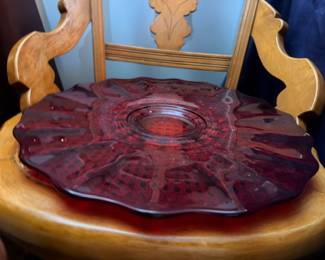 Ruby Red Pressed Glass Serving Plate Floral Leaf Pattern Cranberry Glass Platter Vintage Collectible