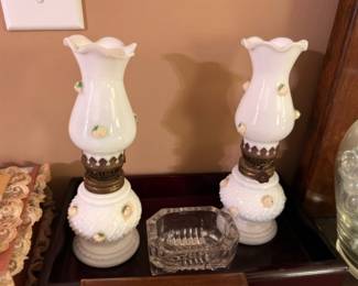 Pair White Milk Glass Parlor Lamps Hand Painted Floral Ruffled Shades Brass Base Victorian Style Table Lamps Matching Set Vintage Lighting Collectible