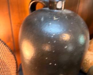 Large Antique Salt Glazed Stoneware Jug Dark Brown Handle Pottery Crock Vintage Farmhouse Country Primitive Collectible