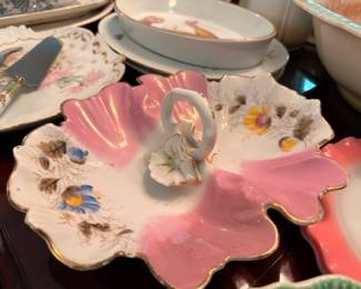 Pink White Porcelain Decorative Dish Swan Handle Hand Painted Floral Design Vintage China