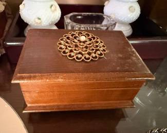 Vintage Wood Jewelry Box Gold Filigree Medallion Pearl Accent Trinket Box White Milk Glass Hobnail Vases Dresser Accessories Collectible