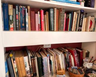Bookcase Shelves Spanish Language Books Reference Guides VHS Tapes DVD Collection Media Vintage Book Lot