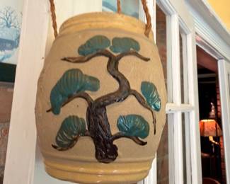 Ceramic Hanging Planter Japanese Bonsai Tree Design Hand Painted Pottery Blue Tan Vintage Plant Pot Mid Century Decor Collectible