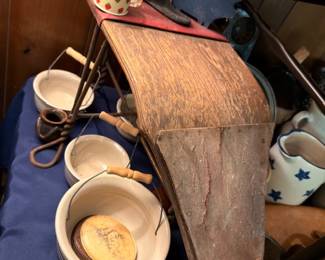 Antique Wood Grain Scoop Scuttle Stoneware Crocks Wire Bail Handles Blue Enamelware Polka Dot Tin Pottery Teapot Farmhouse Primitives