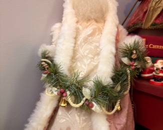 Large Vintage White Santa Claus Figure Fur Trimmed Robe Holding Greenery Christmas Display Holiday Decor Collectible