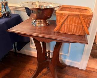 Antique Victorian Parlor Table Turned Legs Copper Champagne Bucket Wicker Basket Vintage Furniture