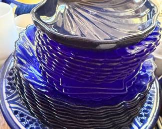 Cobalt Blue Glass Plates Dishes Stack Vintage Glassware Dinnerware Collection Depression Glass Style Lot