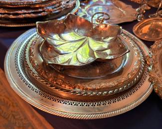 Silver Plate Lotus Petal Bowl Footed Tray Beaded Edge Vintage Silverplate Serving