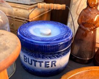 Blue Stoneware Butter Crock Lettered Lid Cobalt Blue Glaze Antique Farmhouse Kitchen Pottery Vintage Country Storage