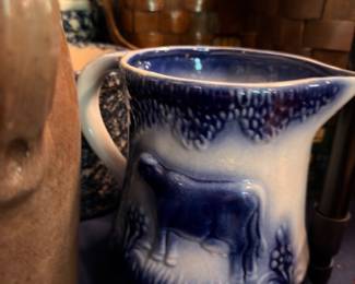 Flow Blue Ceramic Pitcher Scenic Landscape Design Transferware Staffordshire Style Antique Pottery Vintage Collectible