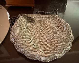 Vintage Silver Beaded Evening Purse Clutch Ornate Metal Frame Clasp Chain Handle Antique Handbag Art Deco Style Women's Accessories Collectible