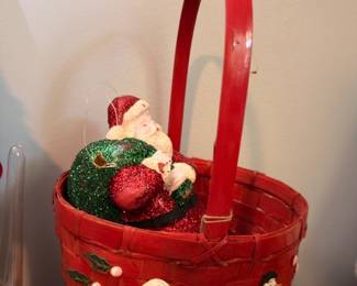 Vintage Fabric Mache Red Basket Santa Figure Glitter Christmas Ornaments Holiday Decoration Collectible