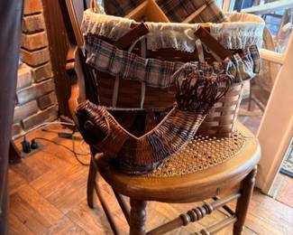 Antique Oak Rocking Chair Cane Seat Plaid Throw Blanket Wicker Basket Victorian Furniture Vintage