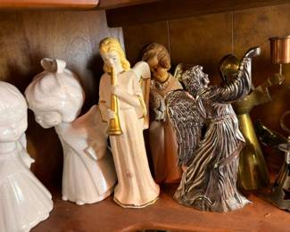 Angel Figurine Collection White Porcelain Ceramic Trumpet Angel Silver Brass Metal Angels Copper Decor Holiday Display Collectible Lot
