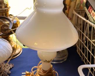 White Milk Glass Table Lamp Ruffled Shade Brass Gold Base Victorian Style Parlor Lamp Vintage Lighting Hobnail Glass Estate Collectible