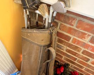 Vintage Golf Clubs Canvas Leather Golf Bag Set Irons Woods Putters Sports Equipment Collectible