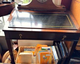 Antique Leather Top End Table Gold Tooled Surface Mantel Clock Wicker Basket Dark Wood Nightstand