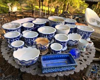 Blue and White Chinoiserie Ceramic Planters Cachepots Collection Garden Pottery Lot