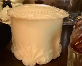White Milk Glass Covered Jar Beaded Edge Scalloped Pattern Candy Dish Antique Victorian Glassware Vintage Collectible
