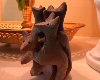 Vintage Ceramic Cat Figurine Folk Art Pottery Candle Holder Cutout Design Primitive Handmade Stoneware Animal Sculpture Collectible