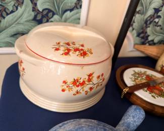 White Ceramic Covered Casserole Tureen Bittersweet Berry Pattern Red Trim Lid Vintage Pottery Serving Dish