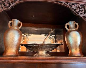 Iridescent Pottery Vases Pair Handled Silver Plate Serving Basket Carved Wood Mantel Vintage Decor