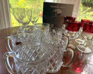 Waterford Crystal Box Clear Glass Pitchers Ruby Red Kings Crown Goblets Vintage Glassware Collection Lot