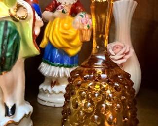 Ceramic Victorian Lady Figurine Amber Hobnail Glass Vase Porcelain Rose Bud Vase Vintage Collectible Figurines Antique Decor