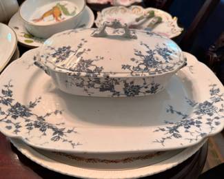 Blue White Transferware Covered Casserole Dish Matching Platter Floral Vine Pattern Antique China