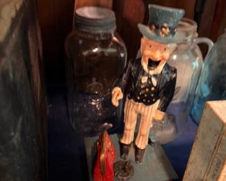 Ceramic Uncle Sam Figurine Decanter Patriotic Americana Glass Bottles Antique Collectibles Vintage Pottery