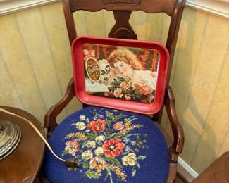 Antique Wood Chair Needlepoint Floral Seat Cushion Vintage Red Metal Tray Victorian Portrait Girl Embroidered Upholstered Side Chair